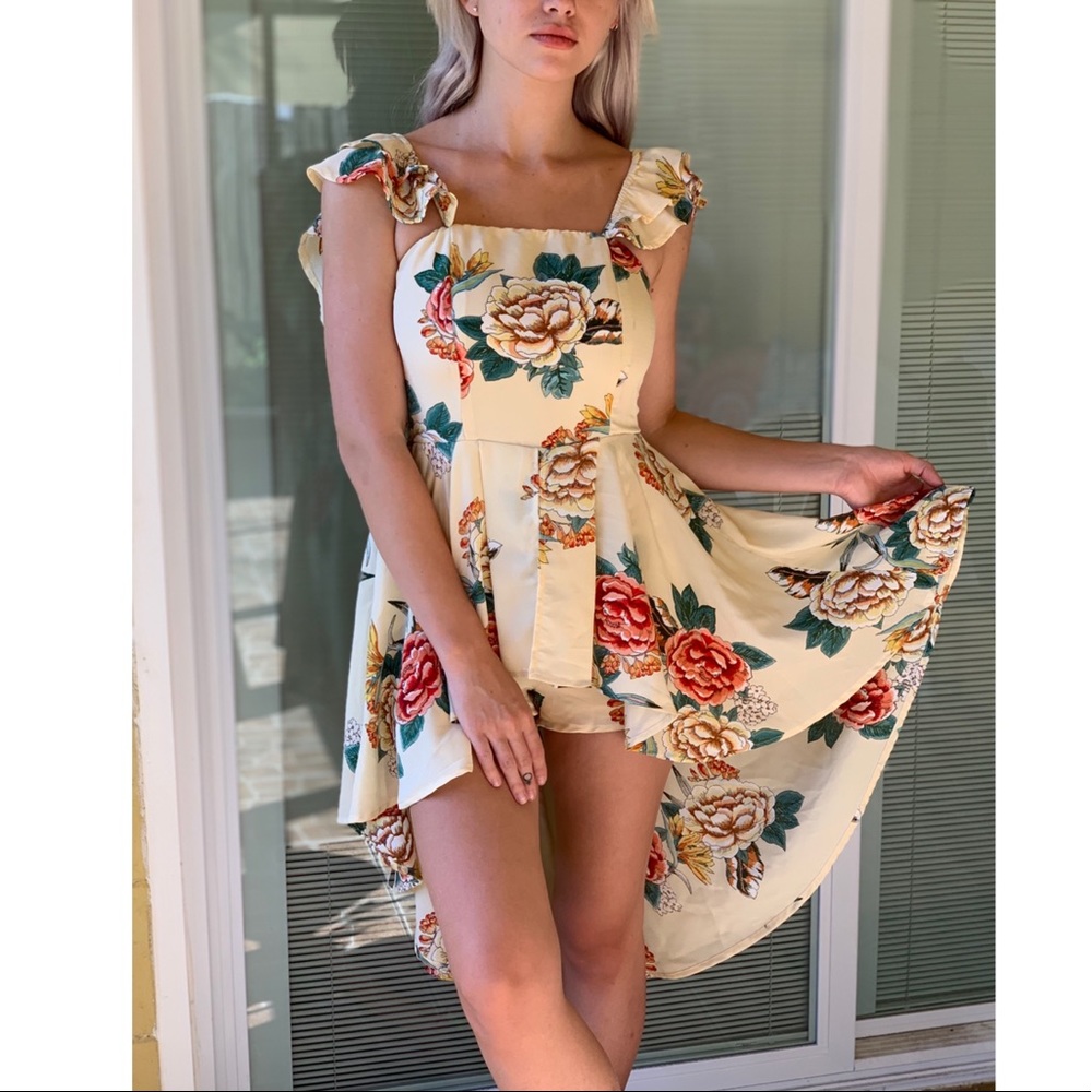 Banjul Yellow Floral High-Low Romper Dress